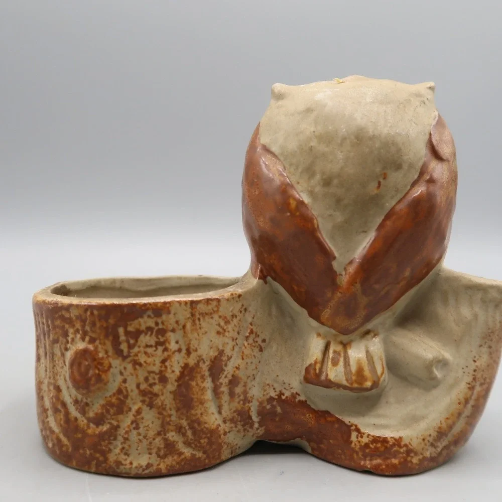 Vintage Bird Owl Sitting on Log Candle Holder Brown Ceramic by Counterpoint